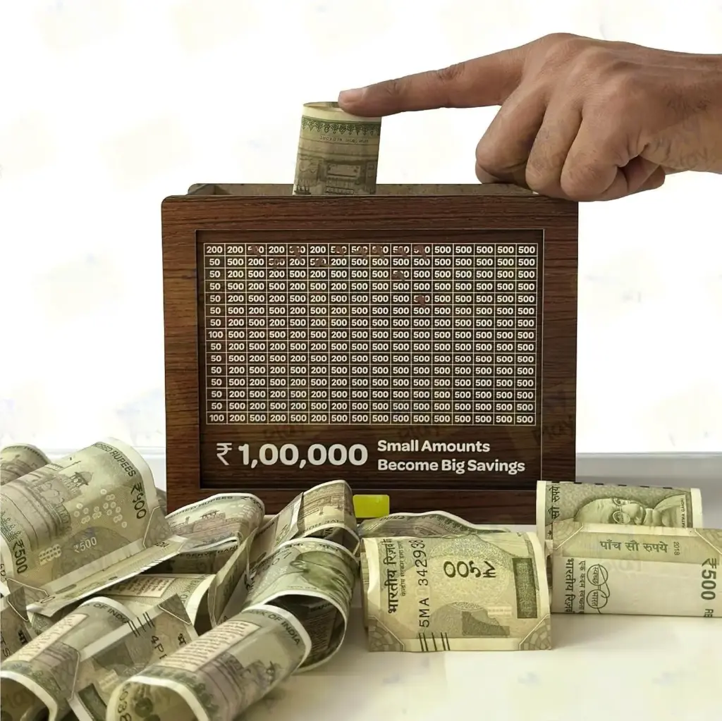 Wooden Money Savings Box, Large Capacity Piggy Bank for Rs. 100000 Cash, Brown